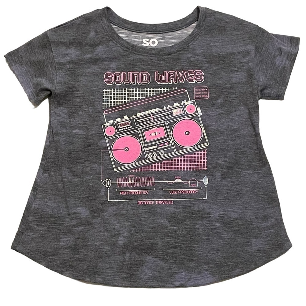 SO Gray Pink Tie Dye Boombox Radio Music Short Sleeve Shirt Size M Girl